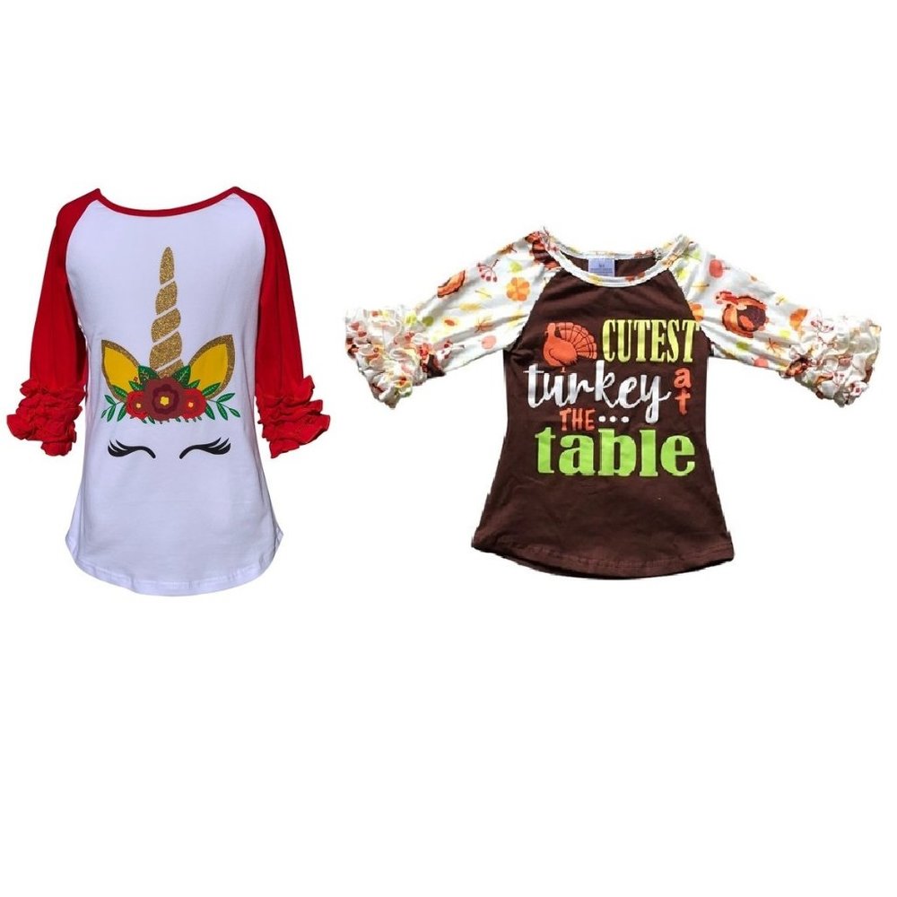 2 Pieces Girls Holiday Top Turkey Table Thanksgiving Party Holiday Tee T-Shirt